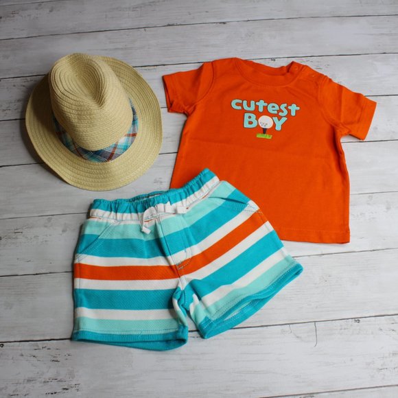 Gymboree Baby Boy Tee Shirt Shorts Fedora Sun Hat - Picture 1 of 5